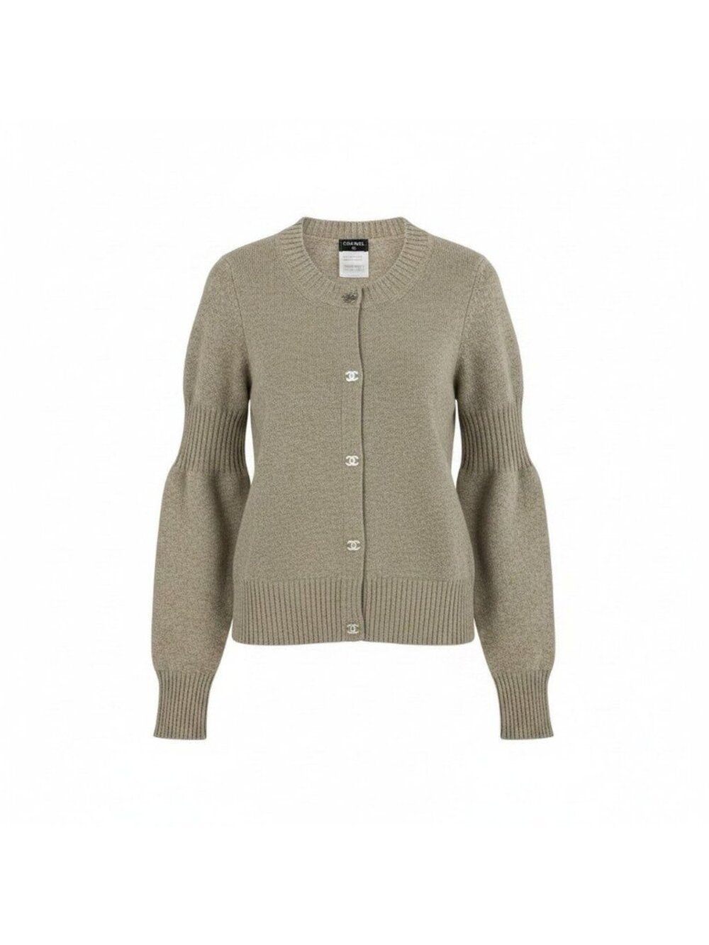 Chanel Turnlock CC Logo Cashmere Knit Cardigan 38 Gray Beige